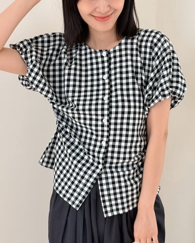 氣質苞袖顯瘦釦衫-黑格6