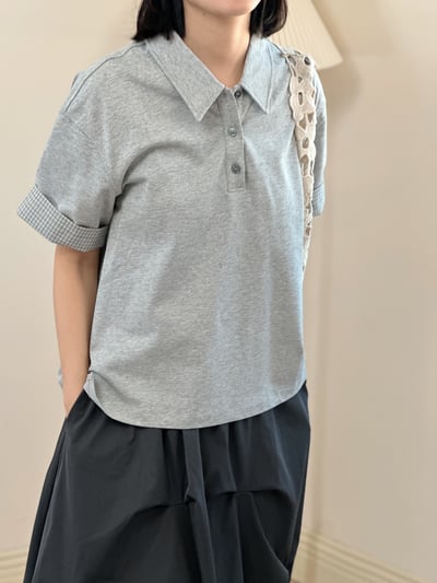 日系POLO領短袖上衣-灰3