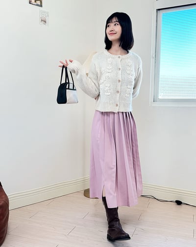 櫻花寬百褶裙-粉3