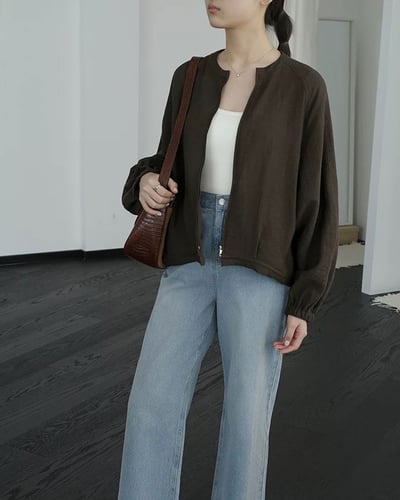 亞麻摩登拉鍊外套-咖3