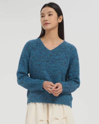 V領花彩毛衣-藍7