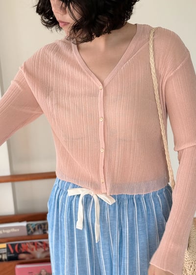 亞麻天絲坑條開襟衫-粉6