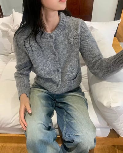 手工繡花開襟外套-灰3