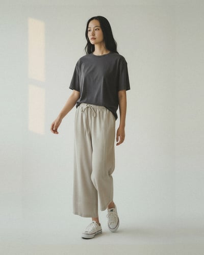 天絲亞麻鬆緊萬能褲-杏3