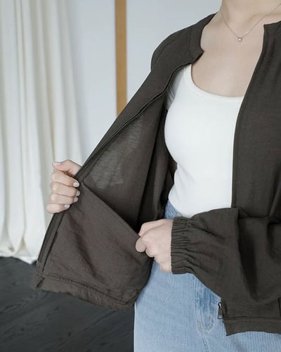 亞麻摩登拉鍊外套-咖5