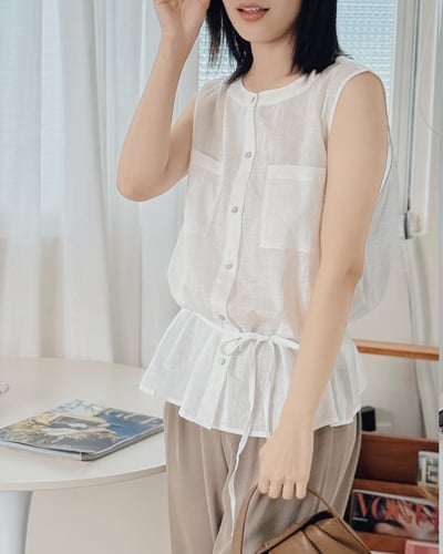 綁帶雙口袋薄上衣-白4