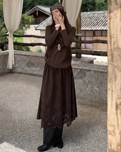 波西米亞麂皮花朵裙-深棕3