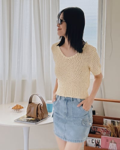 優雅粗織短袖針織衫-黃6