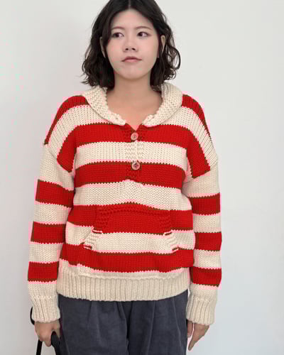 北歐粗針條紋毛衣-紅3