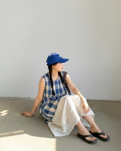 日和格紋無袖上衣-藍3