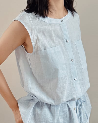 綁帶雙口袋薄上衣-藍4