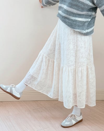 法式蕾絲鬆緊萬能裙-杏1