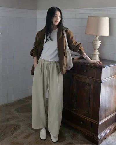 斜紋鬆緊萬能褲-杏2