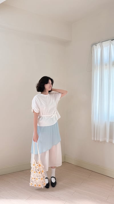 波浪層紗鬆緊裙-藍7