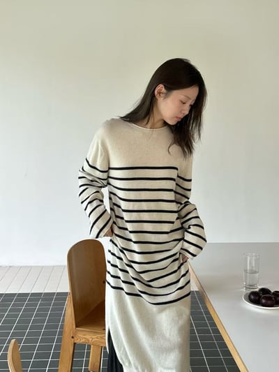 3D法式條紋洋裝-杏2