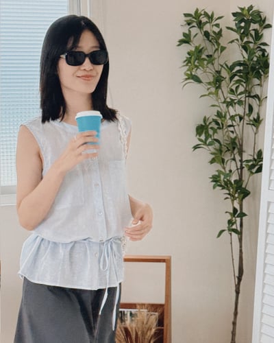 綁帶雙口袋薄上衣-藍2