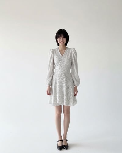 波點V領短洋裝-白2