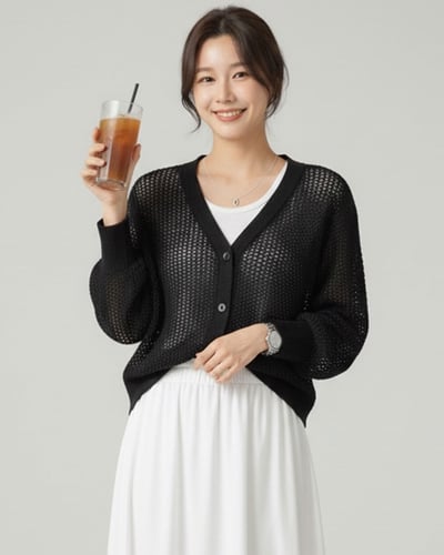 涼感紗鏤空開襟衫-黑1