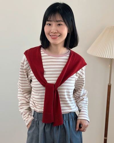 休閒版型條紋TEE-粉1