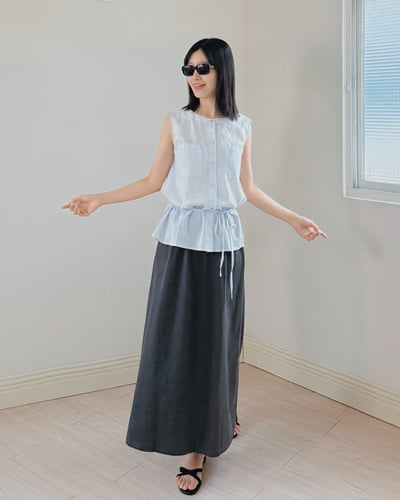 綁帶雙口袋薄上衣-藍3