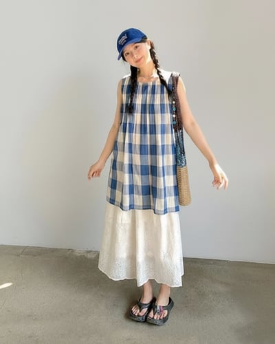日和格紋無袖上衣-藍2