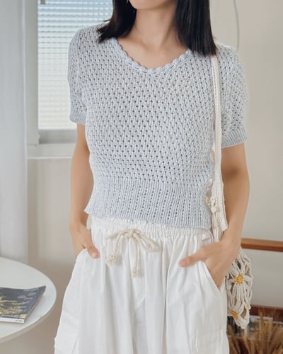 優雅粗織短袖針織衫-藍3