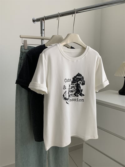 (春秋款)圓領正肩短袖 小狗磨毛T恤  7142