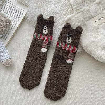 (厚襪) 刺繡圍巾小熊襪 珊瑚絨地板襪 睡眠加厚襪 n1097