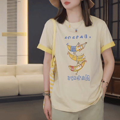 春夏可愛香蕉插畫 撞色滾邊 短袖T恤 韓系日系 純棉透氣 寬鬆顯瘦 韓感 食物系上衣 n600115