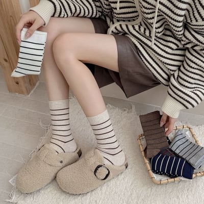 中筒襪 精梳棉 條紋撞色學院風 雙針女襪   561