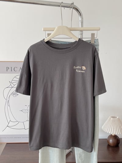 夏季日系小狗印花短袖T恤 純棉寬鬆圓領百搭 前後圖案 可愛 休閒 時尚 潮流 女上衣 n6000313