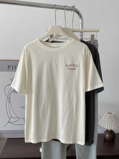 夏季日系小狗印花短袖T恤 純棉寬鬆圓領百搭 前後圖案 可愛 休閒 時尚 潮流 女上衣 n6000312