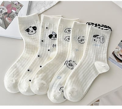 白色小狗網眼襪 夏季薄款中筒ins潮 純棉日系卡通  684