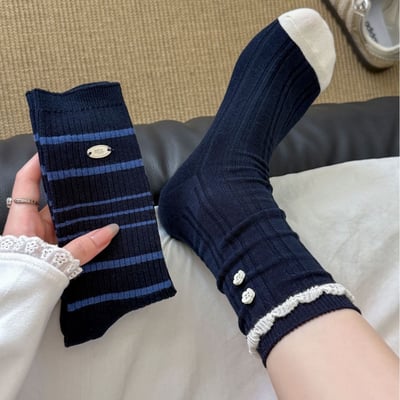 韓系藏青學院風格 中筒襪小花鈕扣襪   n1253