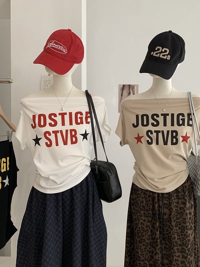 MISSRSHOP 韓系一字領露肩 字母印花 修身顯瘦上衣 百搭露肩上衣 女生短T n2650222