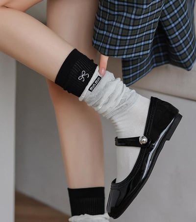 雙層撞色堆堆襪薄款中筒襪 403