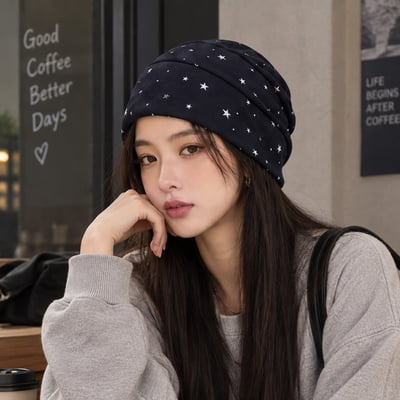 韓系小星星冷帽 復古星星印花堆堆帽1