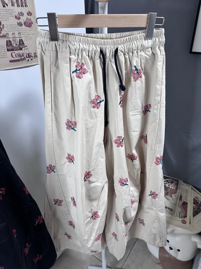 文藝風刺繡高腰闊腿褲 女 春夏新款 復古休閒褲 寬鬆顯瘦 落地褲 ins風 外貿長褲 垂墜感 氣質 百搭 褲子 n600534