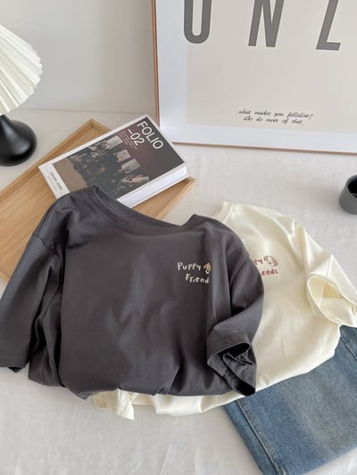 夏季日系小狗印花短袖T恤 純棉寬鬆圓領百搭 前後圖案 可愛 休閒 時尚 潮流 女上衣 n600031