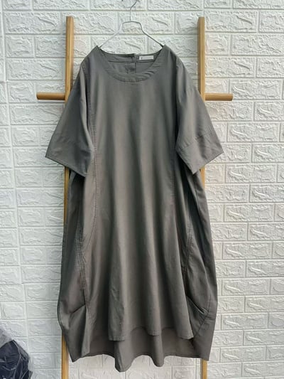 森系大地色連身裙 女 有口袋 復古寬鬆大尺碼 短袖洋裝 顯瘦遮肉 氣質百搭 簡約 休閒 中長裙  裙子 n600528