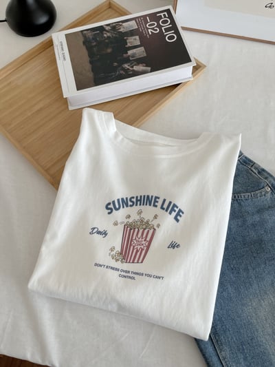 奶油杏色印花短袖T恤 女圓領寬鬆純棉 夏季薄款休閒上衣 韓版百搭 清新 氣質 時尚 潮流 n600073