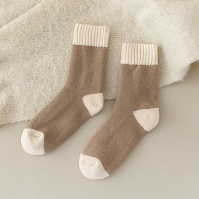 (冬襪) 加絨加厚保暖中筒襪 居家睡眠襪拼色襪  n1015