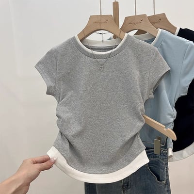 圓領假兩件短袖抽褶收腰T恤 7432