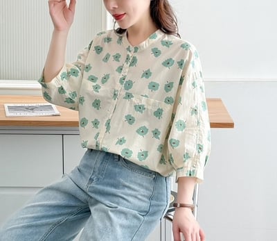日系碎花襯衫 寬鬆顯瘦 棉麻感上衣 小清新文藝風 七分袖襯衣 春夏薄款開衫外套 森系 n600754