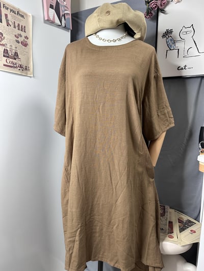 森系大地色連身裙 女 有口袋 復古寬鬆大尺碼 短袖洋裝 顯瘦遮肉 氣質百搭 簡約 休閒 中長裙  裙子 n600523