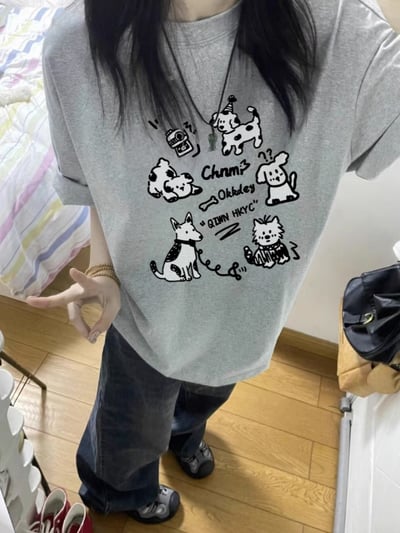 灰色寬鬆短袖T恤 中長款小眾美式上衣   7063