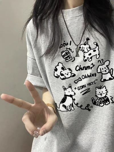 灰色寬鬆短袖T恤 中長款小眾美式上衣   7062