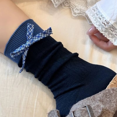 韓系藏青學院風格 中筒襪小花鈕扣襪   n1256