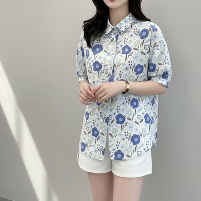 日系清新花卉短袖襯衫 女 寬鬆顯瘦薄款上衣 夏季百搭文青印花襯衣 n600743