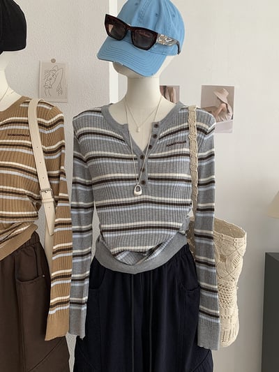 早秋美式復古撞色條紋針織衫 韓系胸前刺繡V領鈕扣長袖毛衣 修身顯瘦上衣3